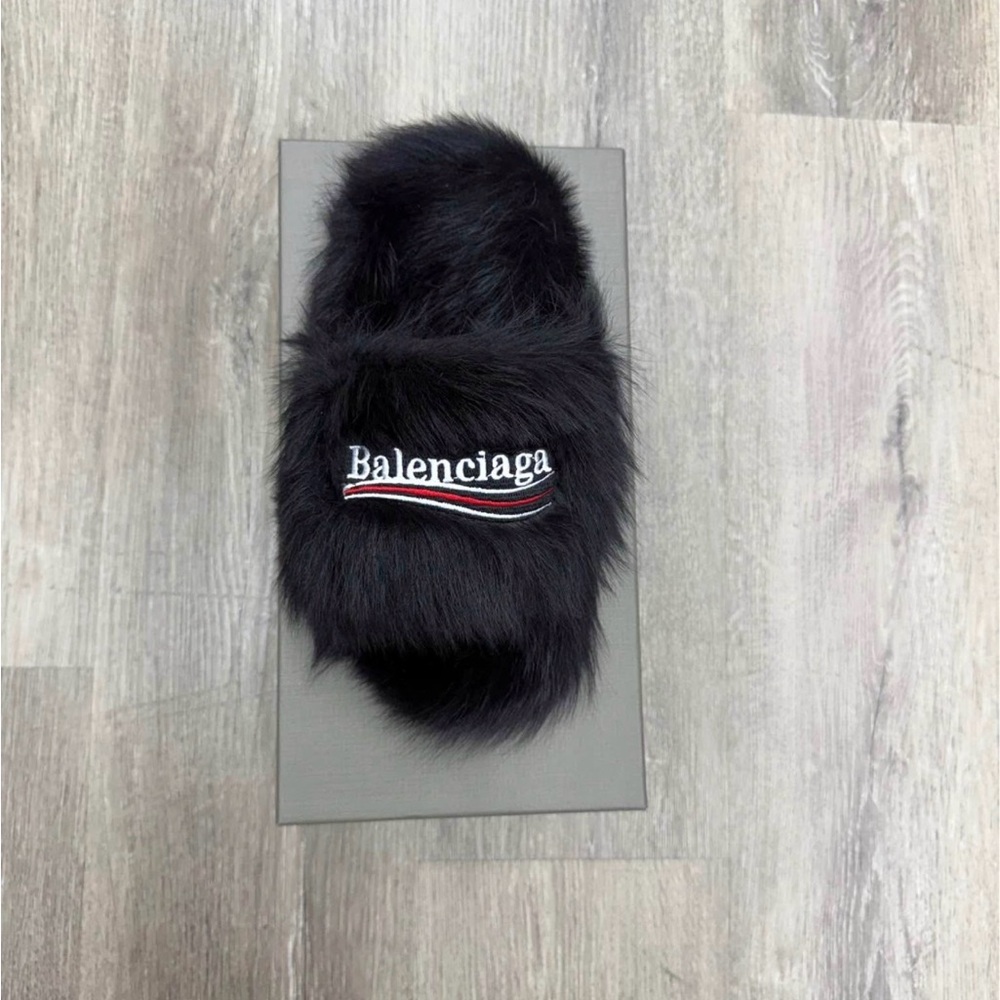 Balenciaga Black Fur Logo Slides